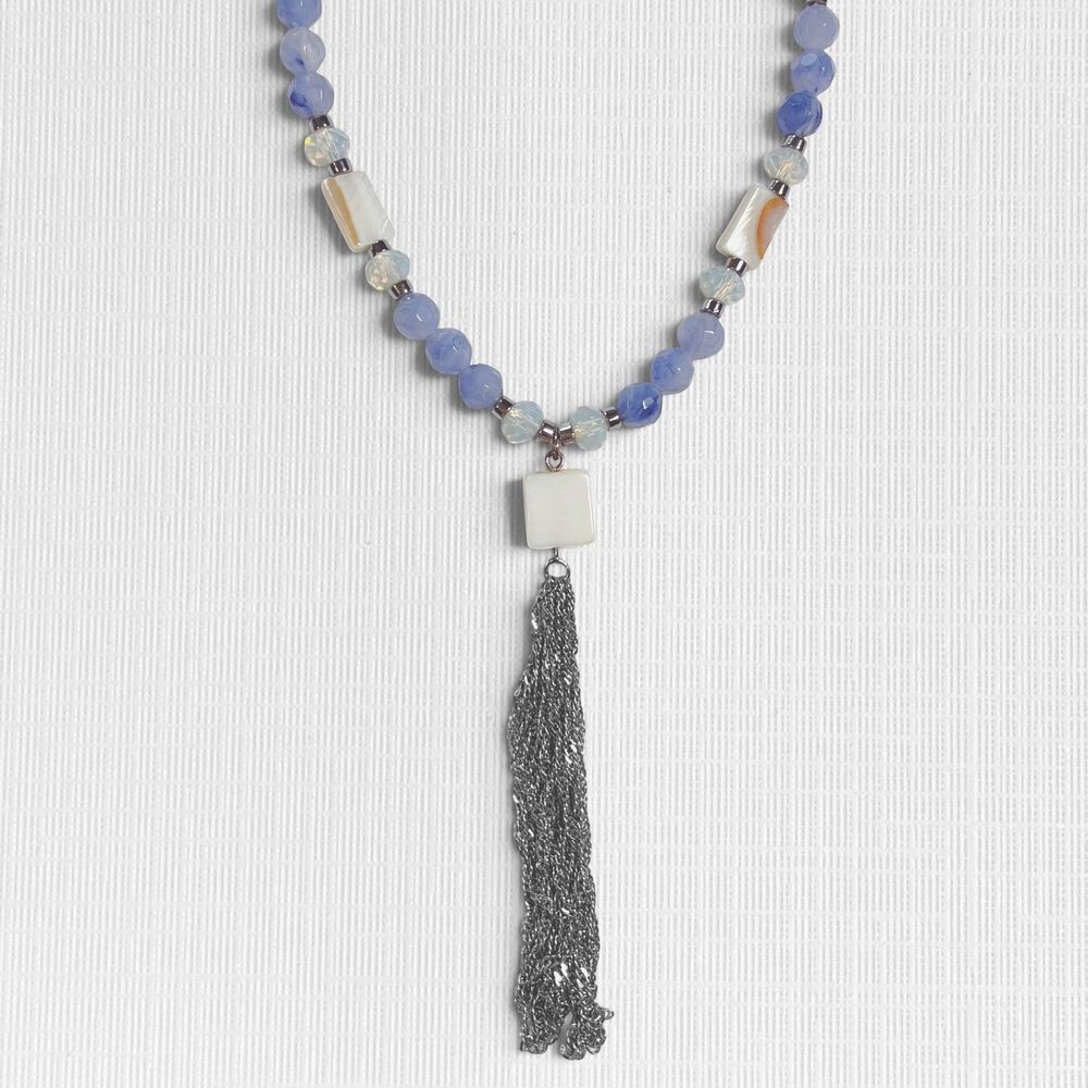 Silver Tone Periwinkle Blue Necklace MOP Opal Glass Bead Y Drop Tassel Boho Chic